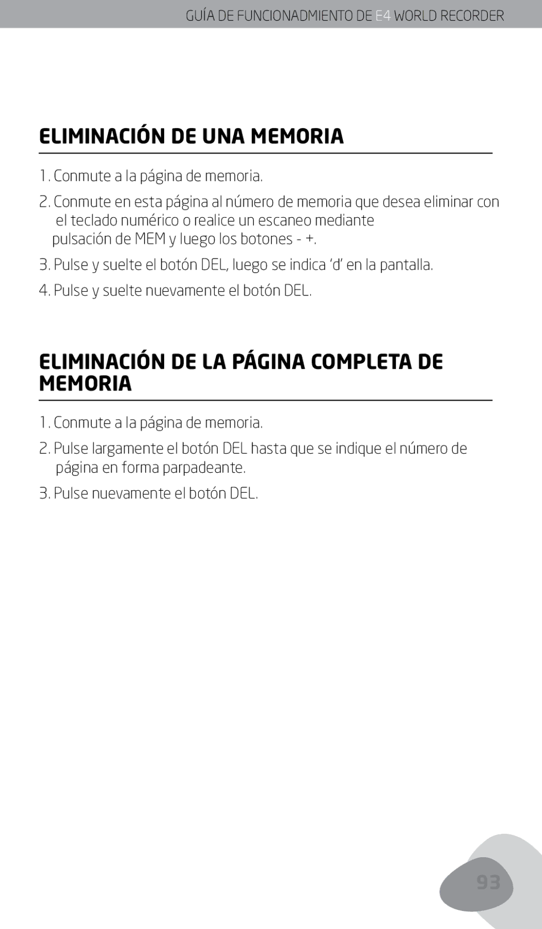 Eton E4 Eliminación DE UNA Memoria, Eliminación DE LA Página Completa DE Memoria, Conmute a la página de memoria 