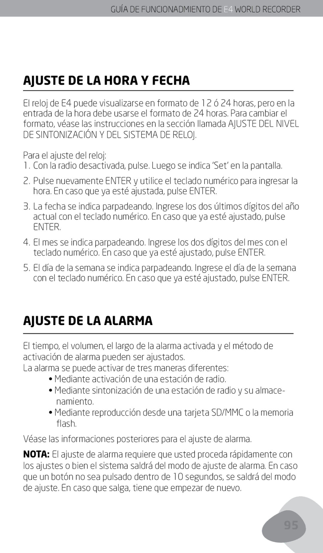 Eton E4 owner manual Ajuste DE LA Hora Y Fecha, Ajuste DE LA Alarma, Para el ajuste del reloj 