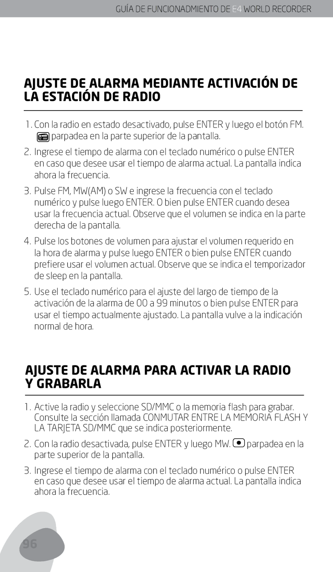 Eton E4 Ajuste DE Alarma Mediante Activación DE LA Estación DE Radio, Ajuste DE Alarma Para Activar LA Radio Grabarla 