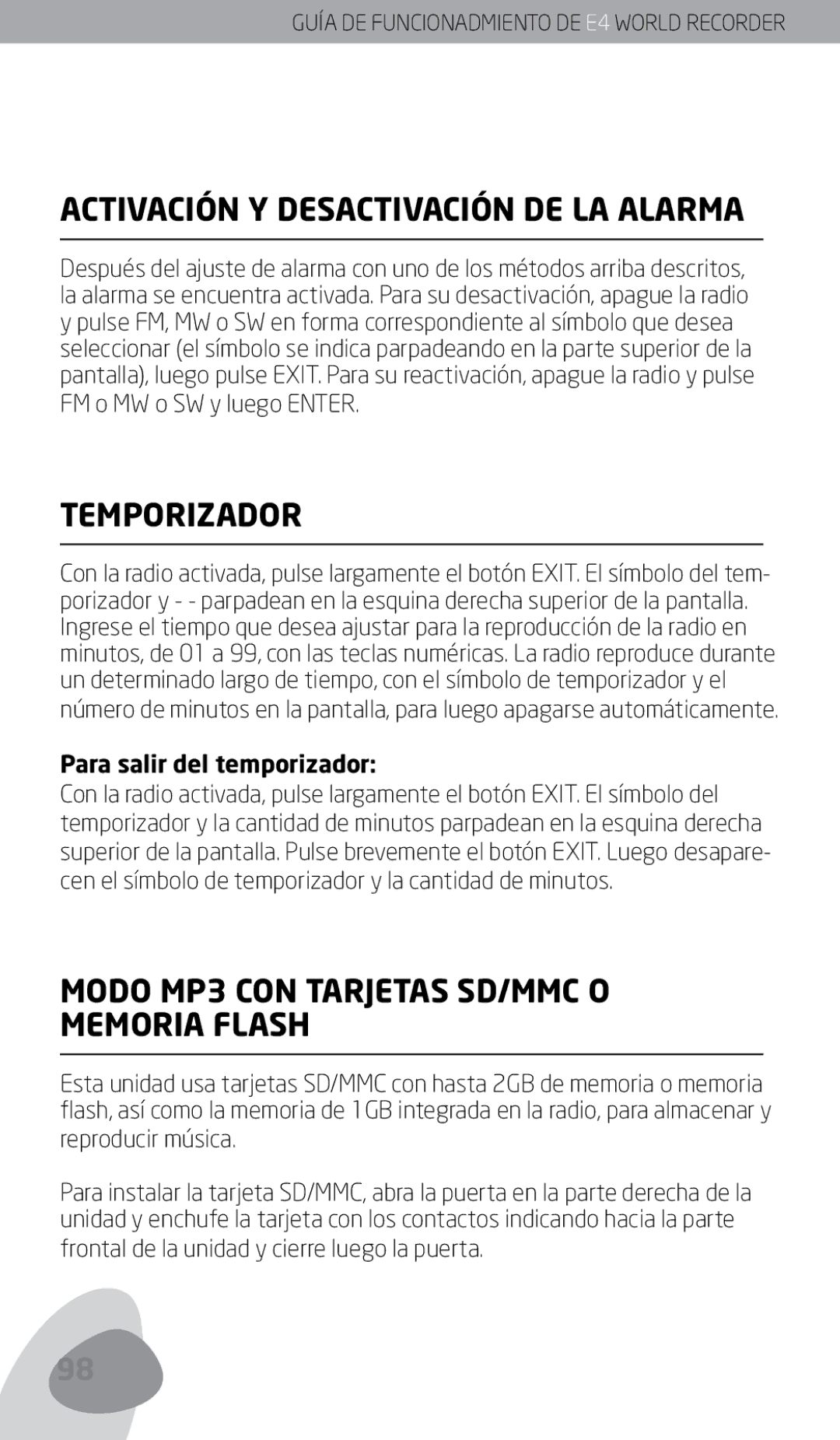 Eton E4 owner manual Activación Y Desactivación DE LA Alarma, Temporizador, Modo MP3 CON Tarjetas SD/MMC O Memoria Flash 