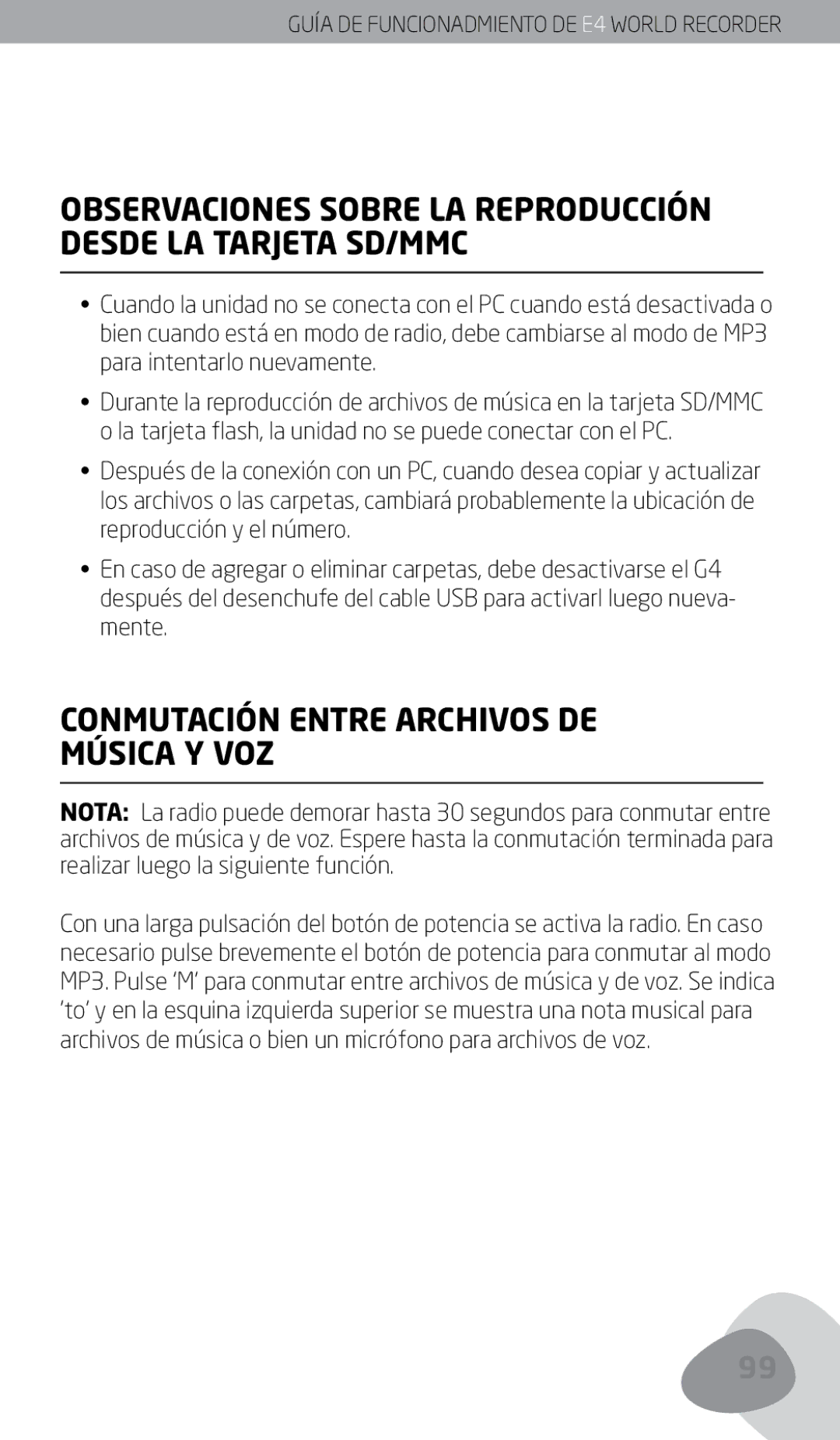 Eton E4 Conmutación Entre Archivos DE Música Y VOZ, Observaciones Sobre LA Reproducción Desde LA Tarjeta SD/MMC 