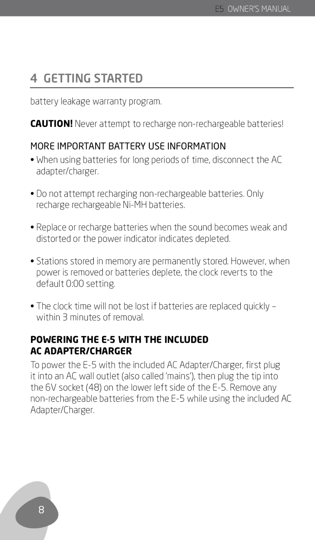 Eton E5 owner manual More Important Battery USE Information, Powering the E-5 with the Included AC ADAPTER/CHARGER 