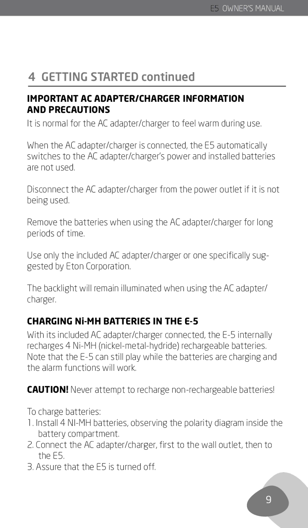 Eton E5 owner manual Getting Started, Important AC ADAPTER/CHARGER Information and Precautions 