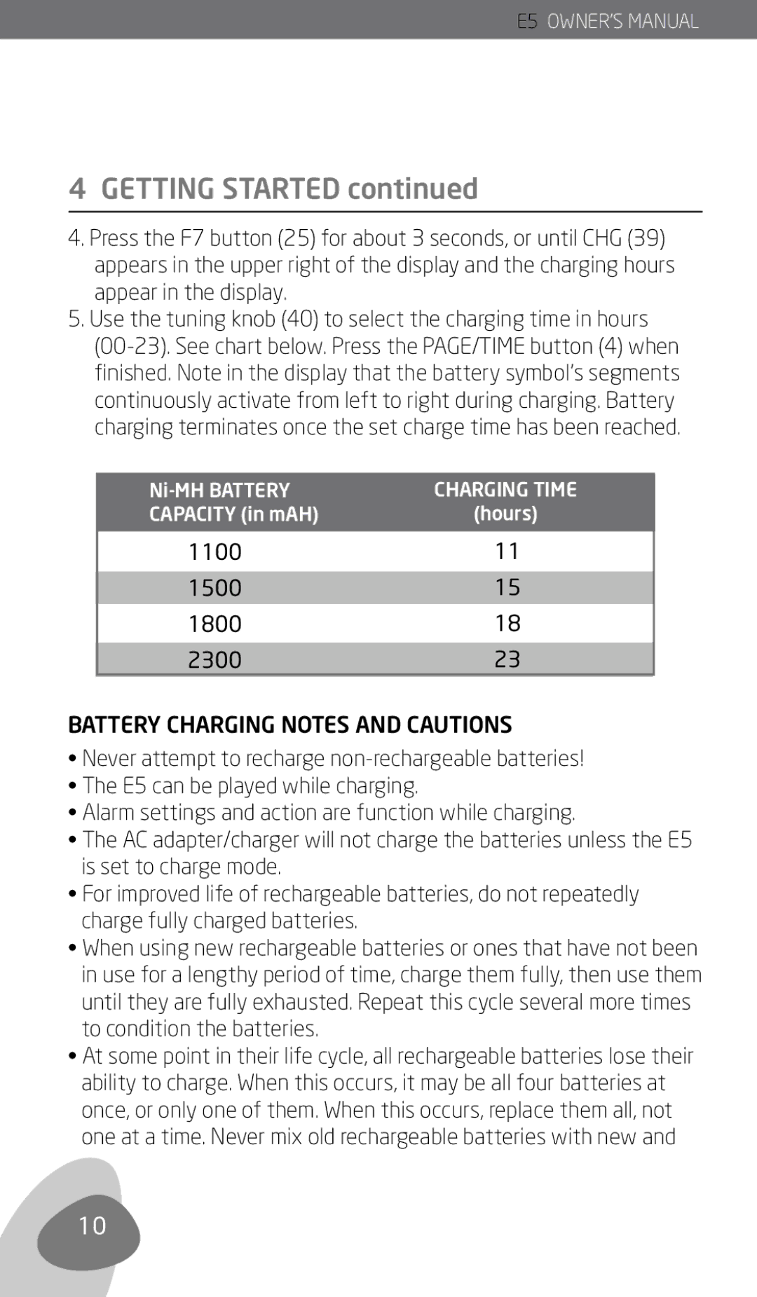 Eton E5 owner manual Battery Charging Notes and Cautions 