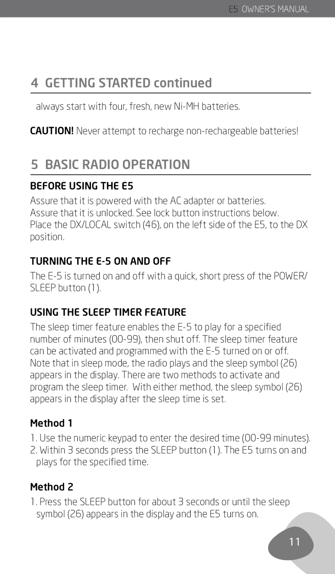 Eton owner manual Basic Radio Operation, Before Using the E5, Turning the E-5 on and OFF, Using the Sleep Timer Feature 