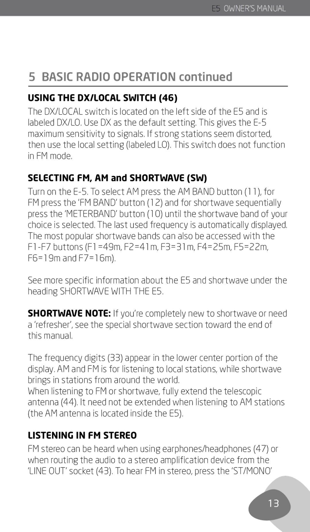 Eton E5 owner manual Using the DX/LOCAL Switch, Listening in FM Stereo 