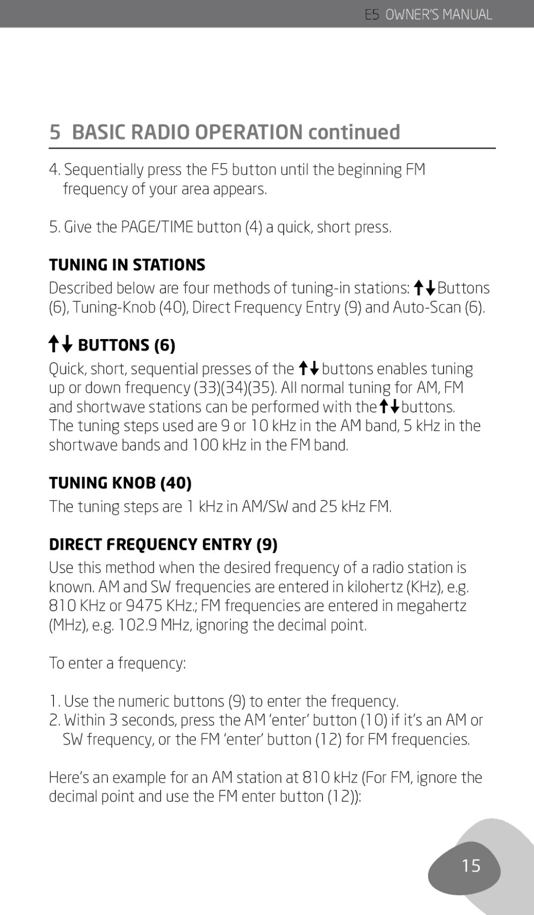 Eton E5 owner manual Tuning in Stations, Tuning Knob, Direct Frequency Entry 