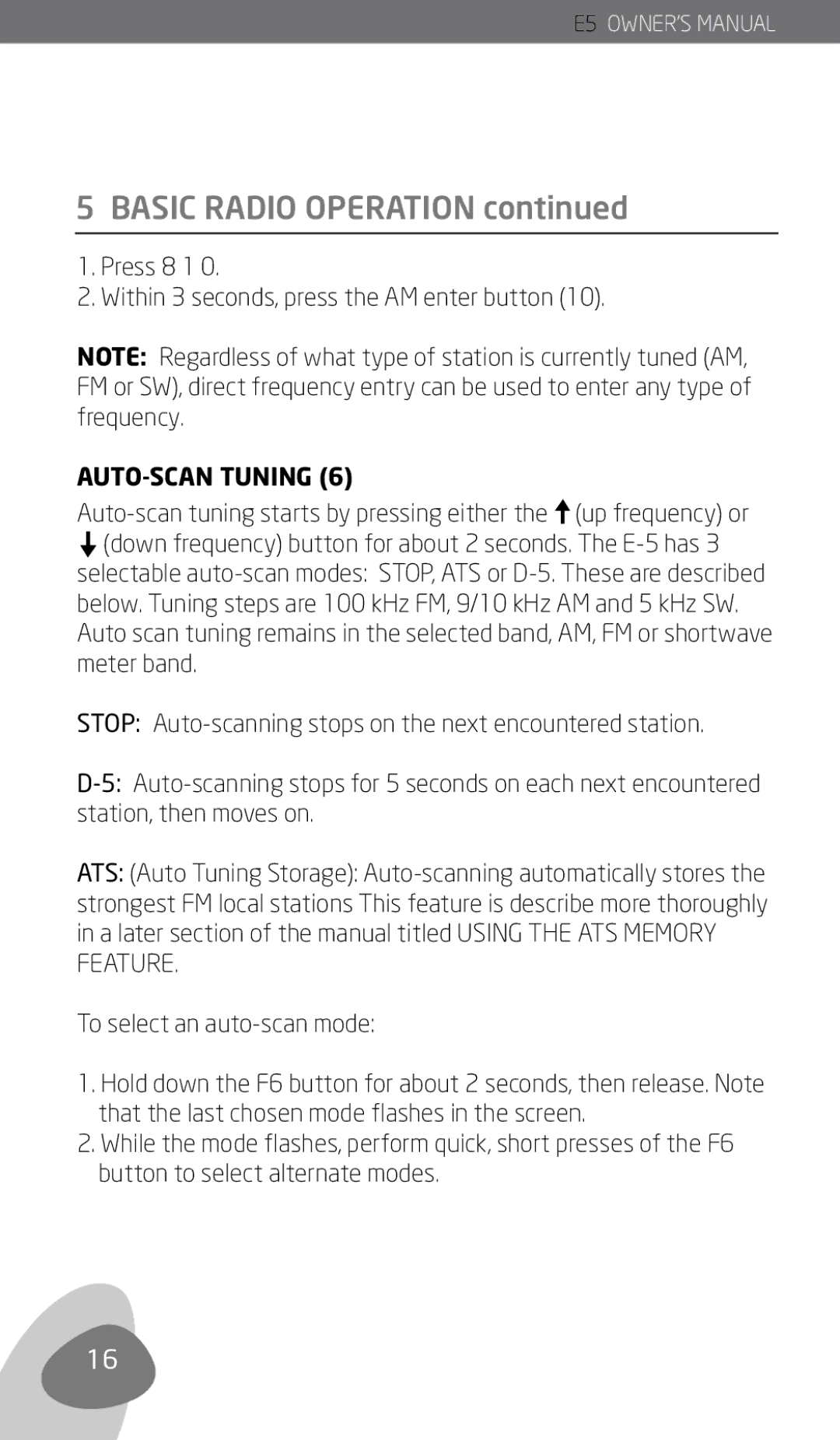 Eton E5 owner manual AUTO-SCAN Tuning 