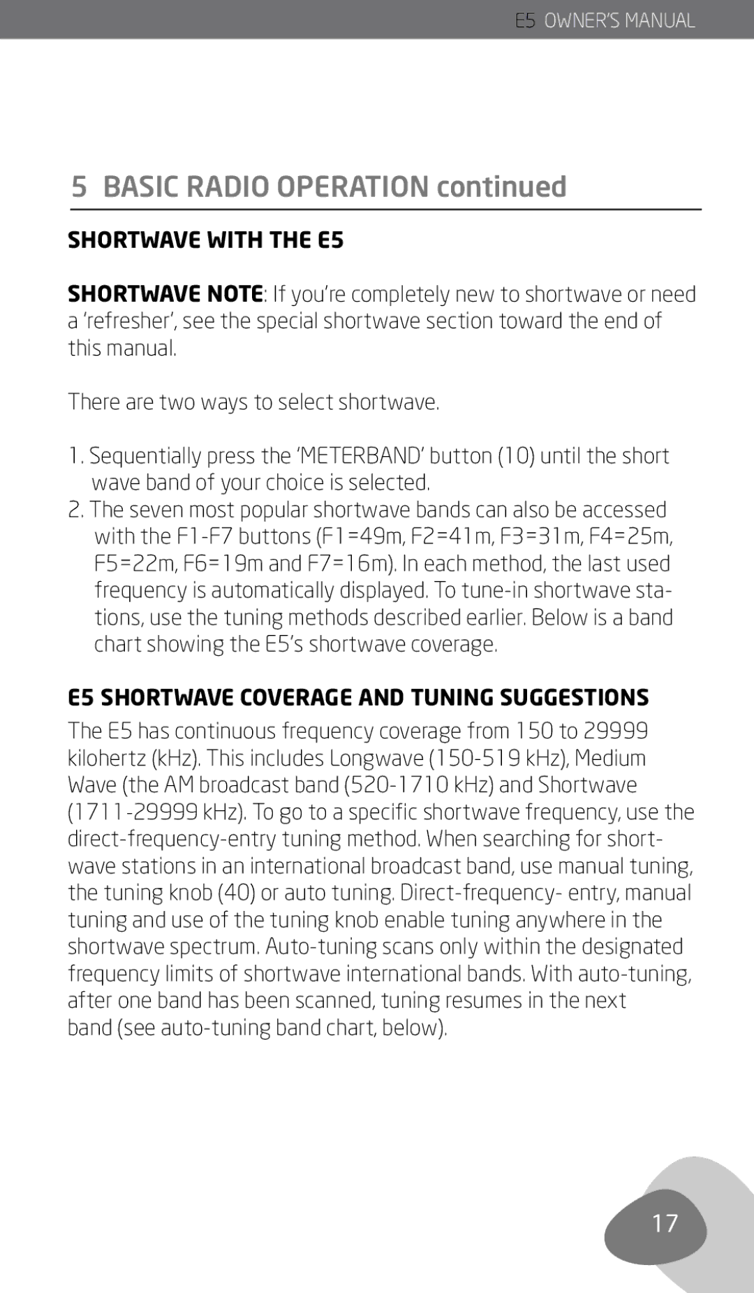 Eton owner manual Shortwave with the E5, E5 Shortwave Coverage and Tuning Suggestions 