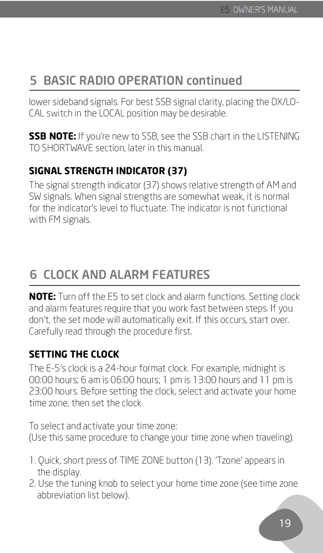 Eton E5 owner manual Clock and Alarm Features, Signal Strength Indicator, Setting the Clock 