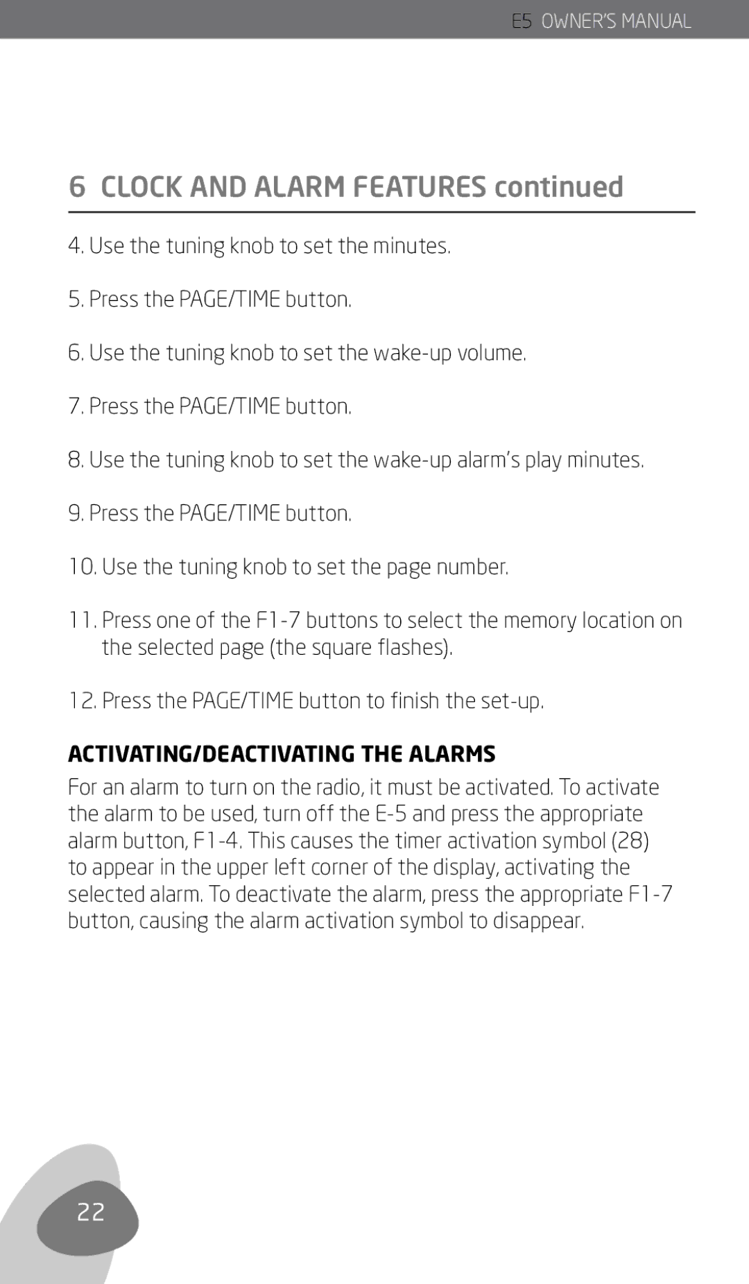 Eton E5 owner manual ACTIVATING/DEACTIVATING the Alarms 