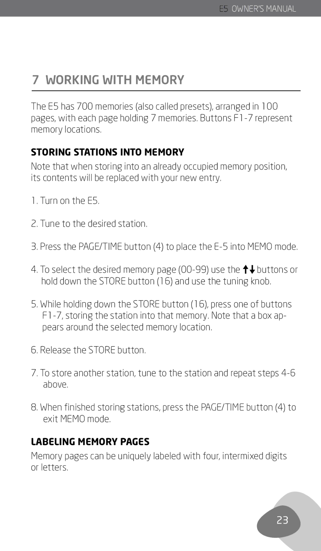 Eton E5 owner manual Working with Memory, Storing Stations Into Memory, Labeling Memory Pages 