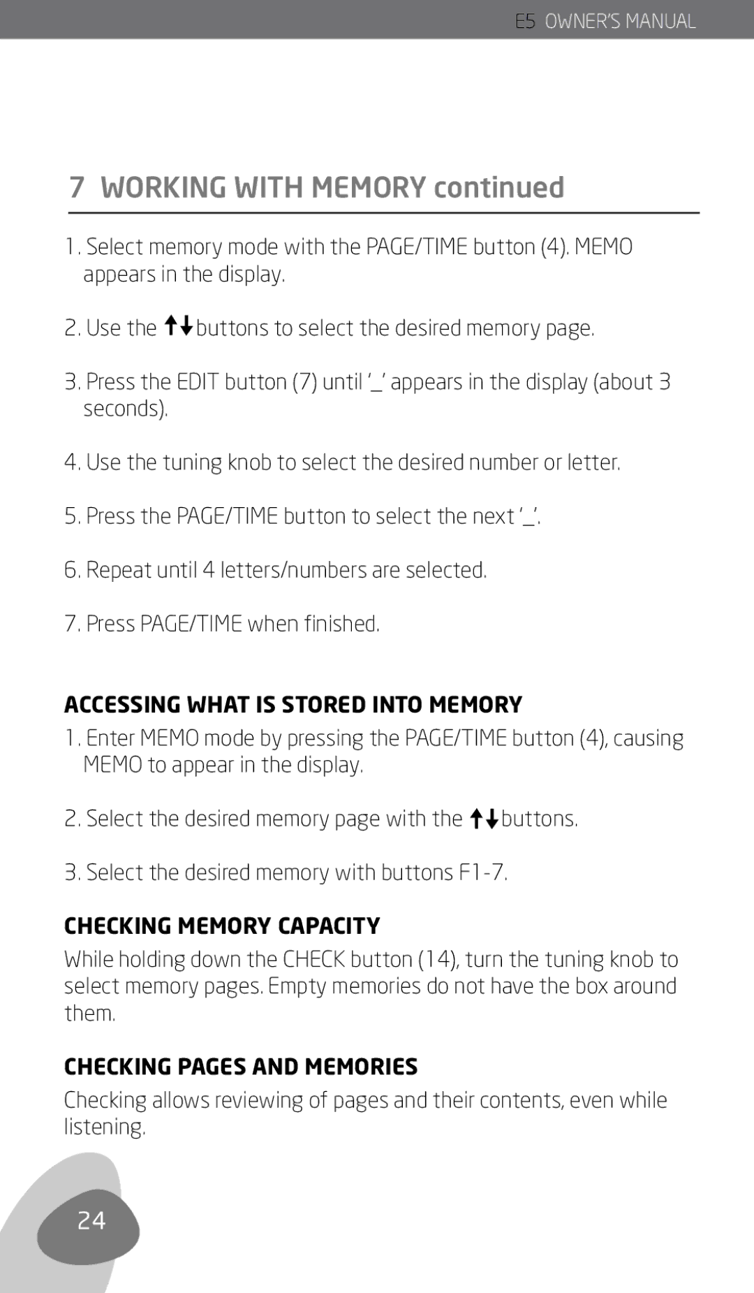 Eton E5 Working with Memory, Accessing What is Stored Into Memory, Checking Memory Capacity, Checking Pages and Memories 