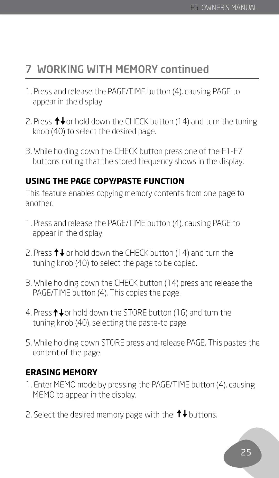 Eton E5 owner manual Using the page COPY/PASTE Function, Erasing Memory 