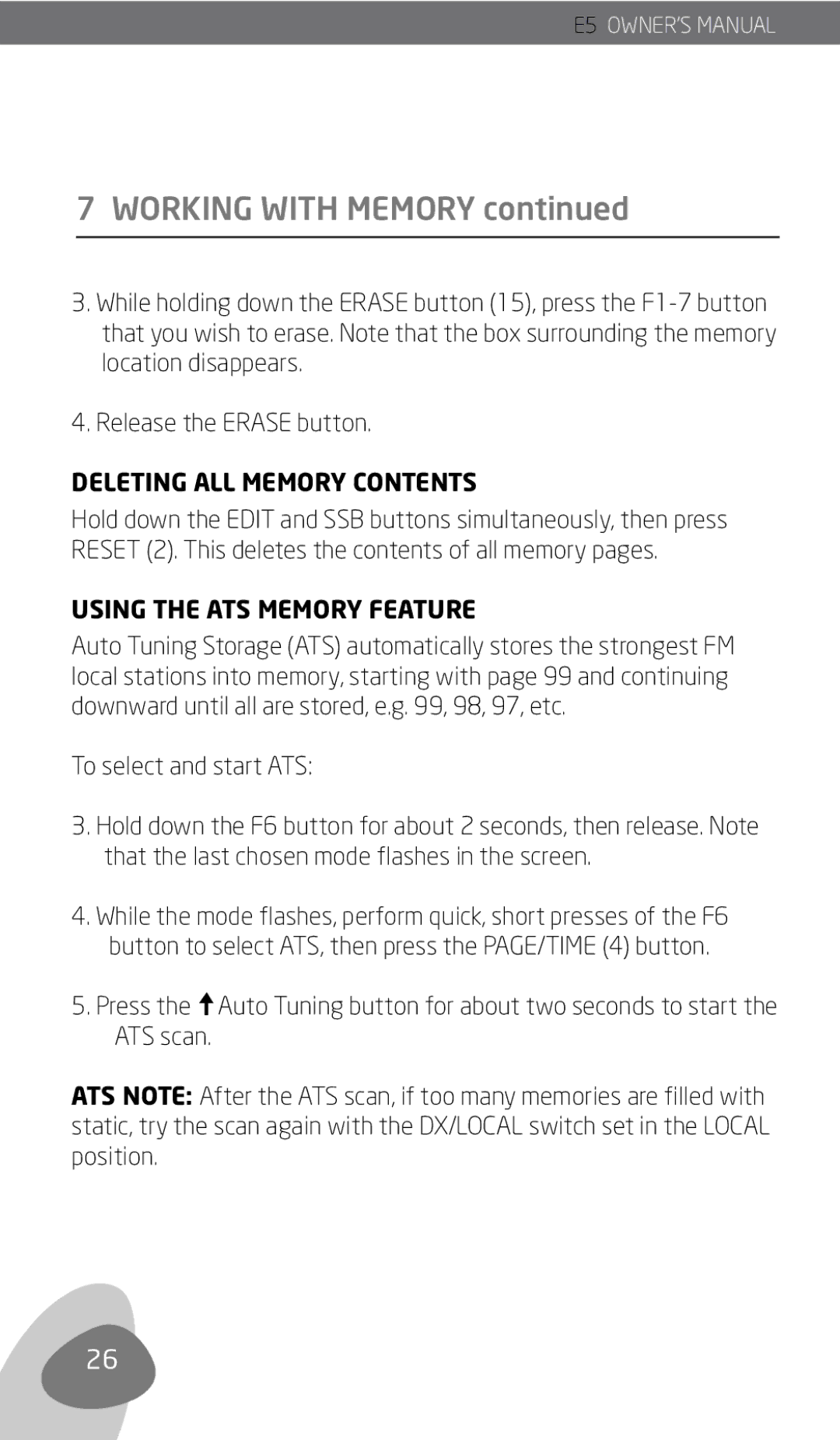 Eton E5 owner manual Deleting ALL Memory Contents, Using the ATS Memory Feature 