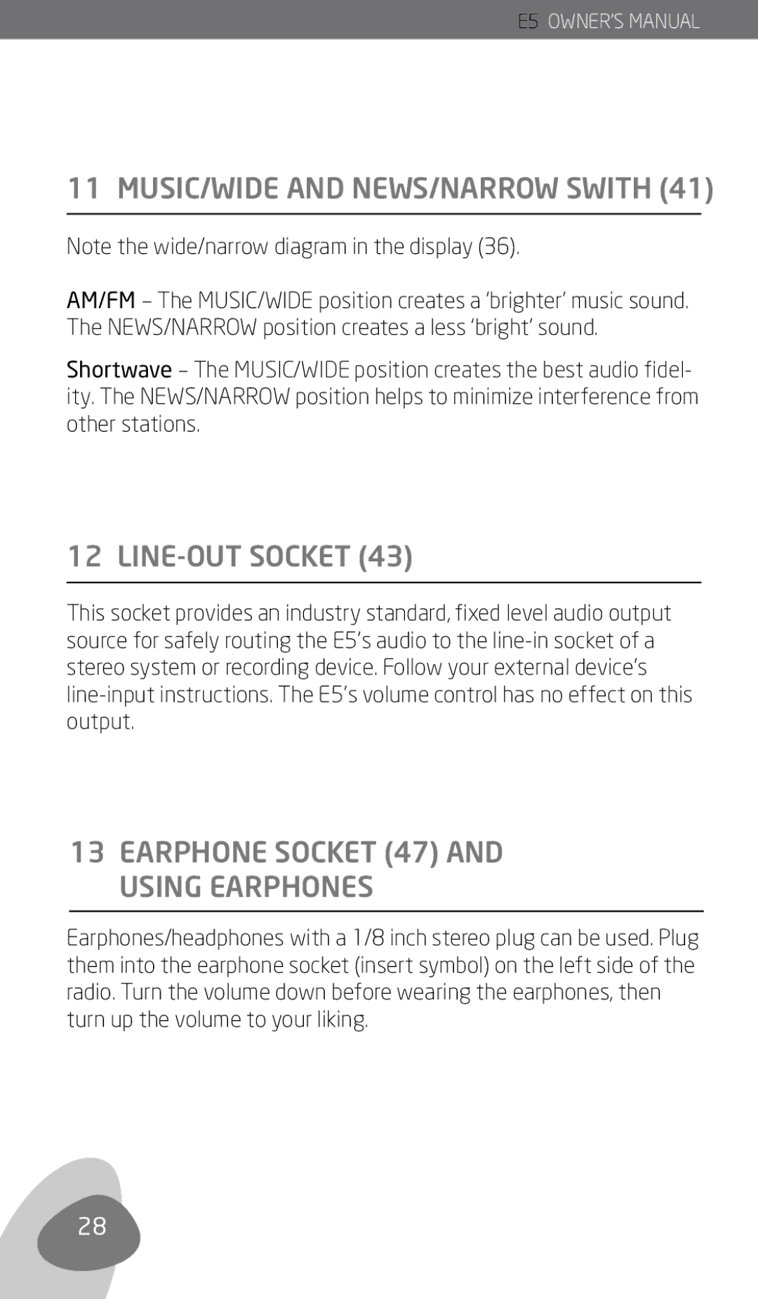 Eton E5 owner manual MUSIC/WIDE and NEWS/NARROW Swith, LINE-OUT Socket, Earphone Socket 47 and Using Earphones 