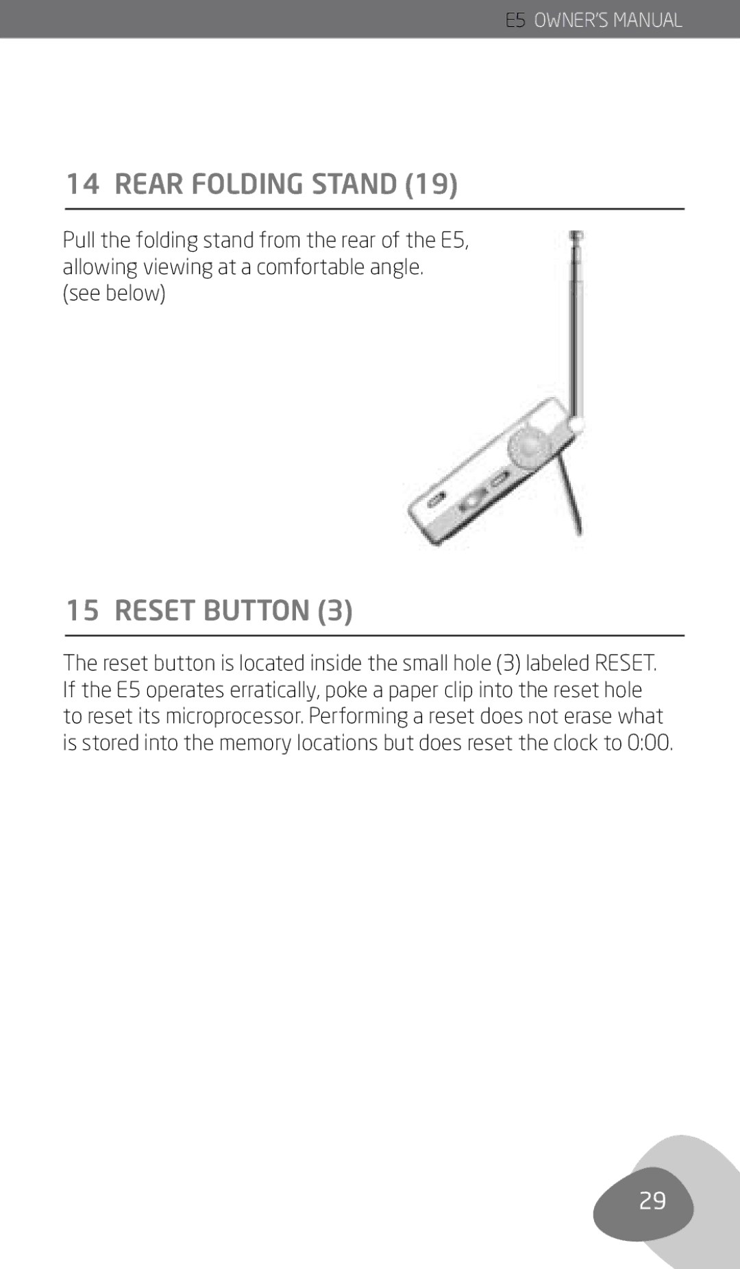 Eton E5 owner manual Rear Folding Stand, Reset Button 