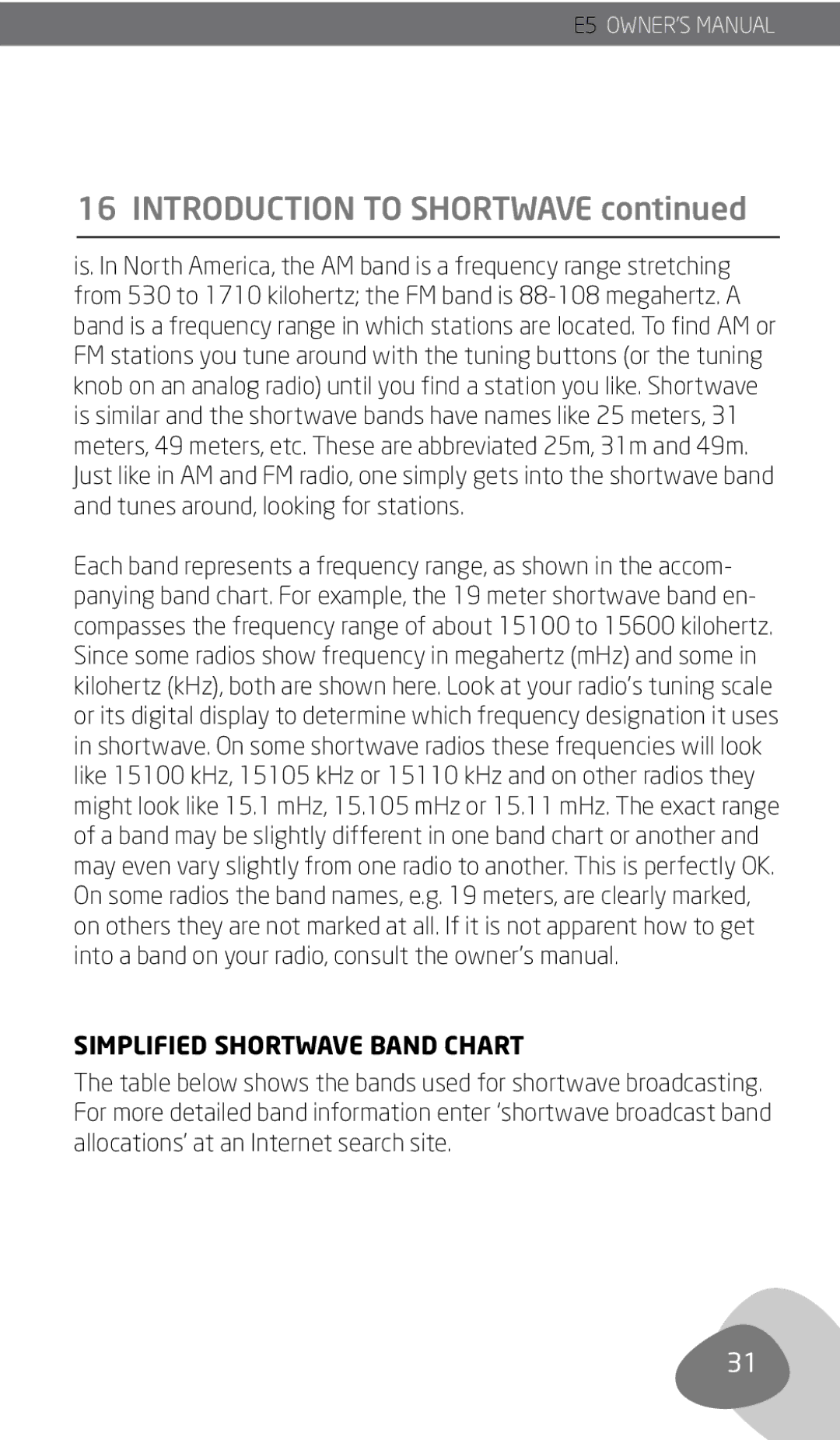 Eton E5 owner manual Introduction to Shortwave, Simplified Shortwave Band Chart 