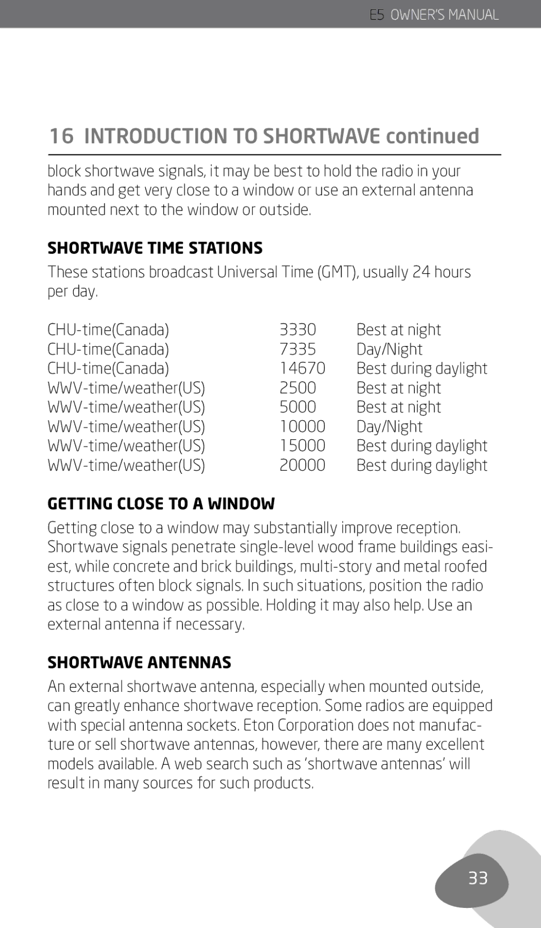 Eton E5 owner manual Shortwave Time Stations, Getting Close to a Window, Shortwave Antennas 