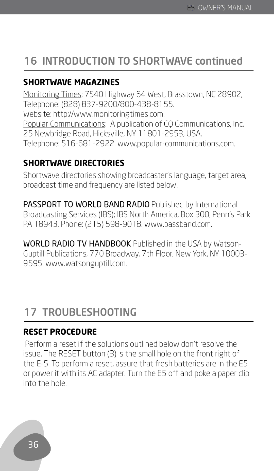 Eton E5 owner manual Troubleshooting, Shortwave Magazines, Shortwave Directories, Reset Procedure 