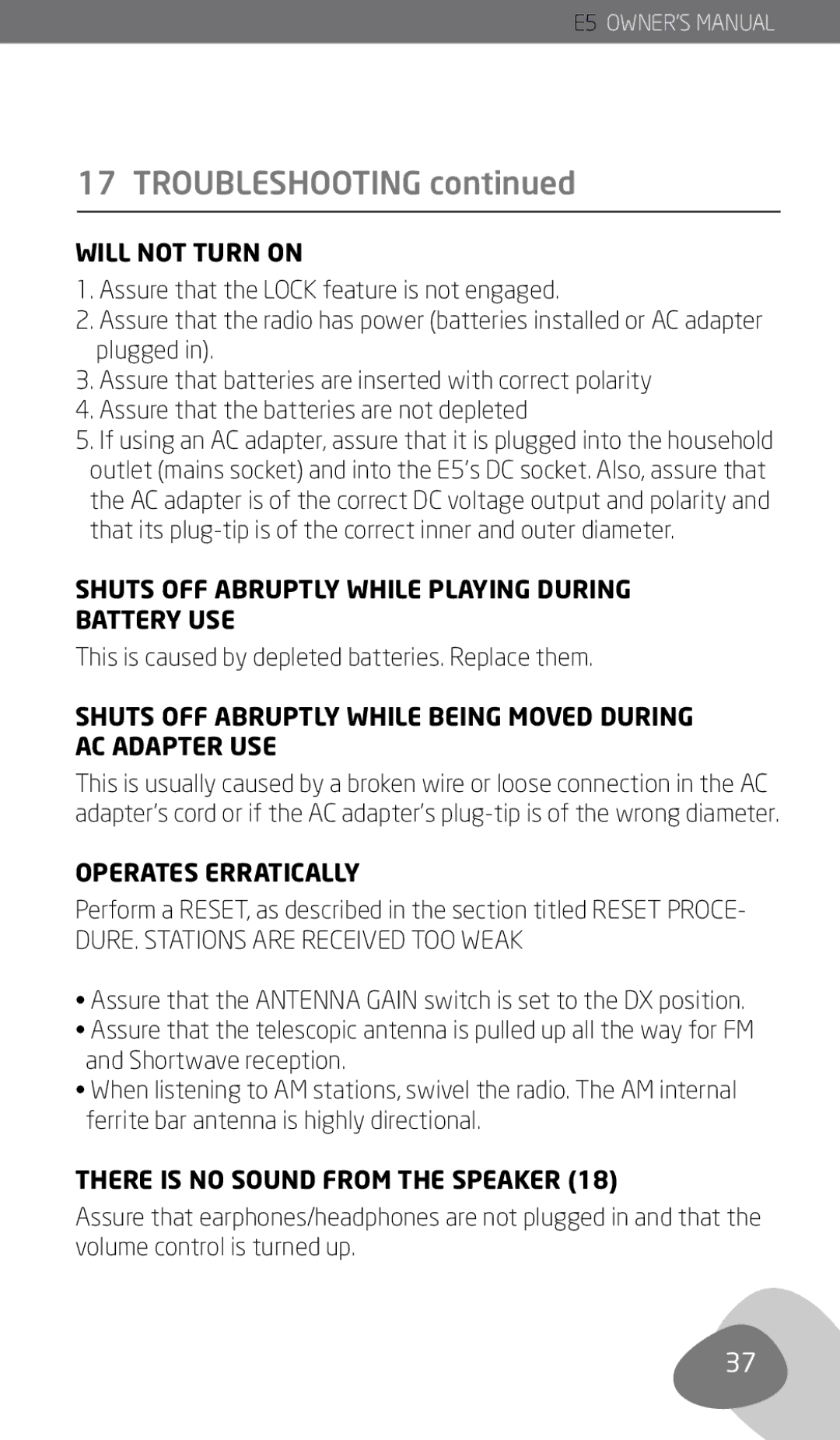 Eton E5 owner manual Troubleshooting 