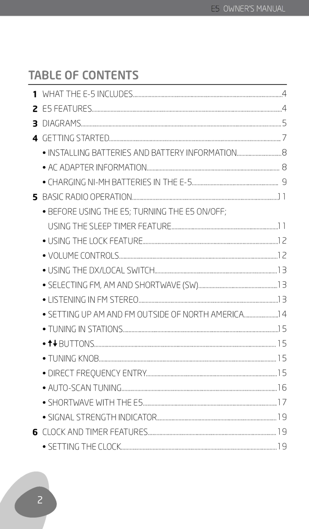 Eton E5 owner manual Table of Contents 