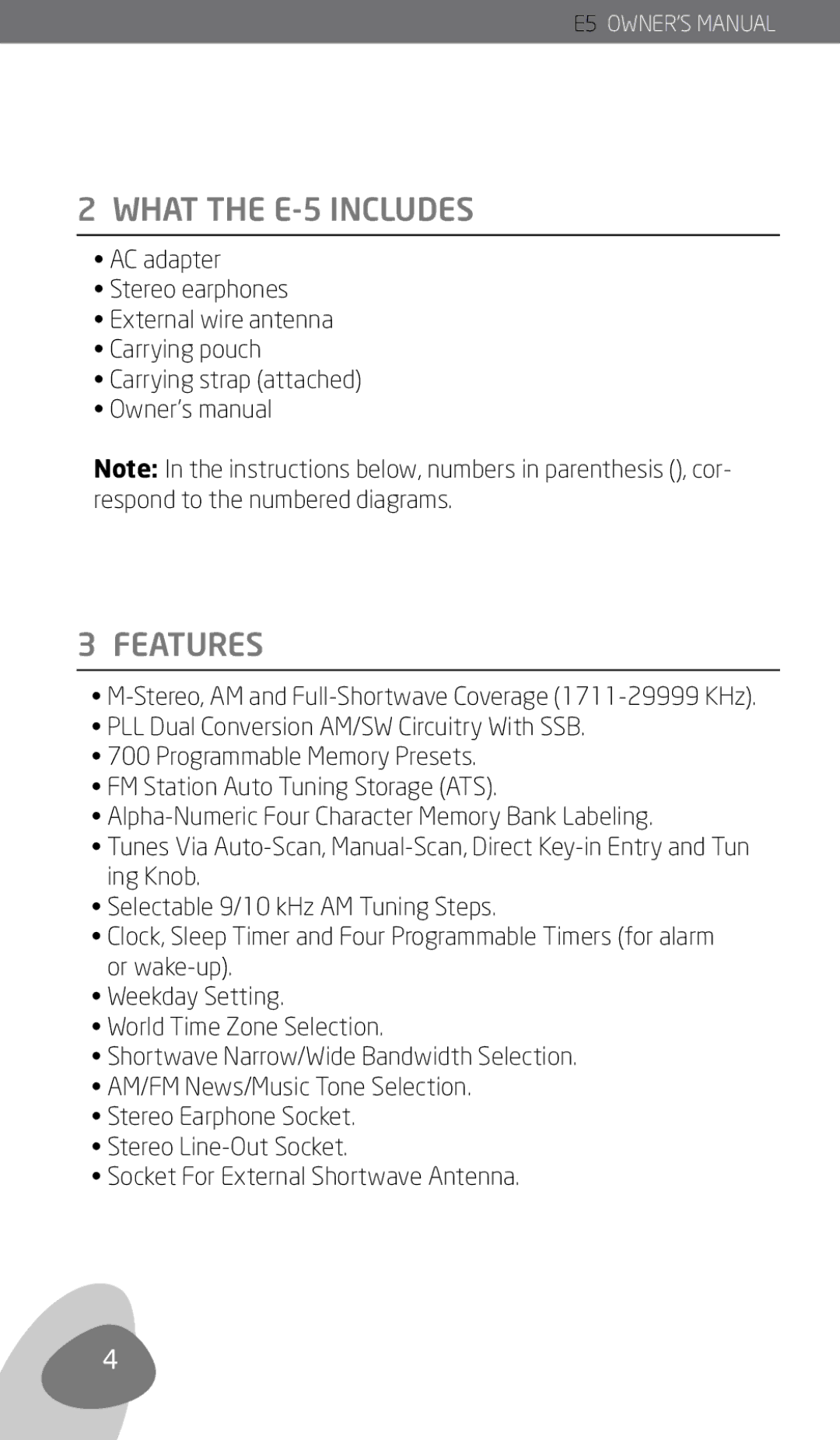 Eton E5 owner manual What the E-5 Includes, Features 