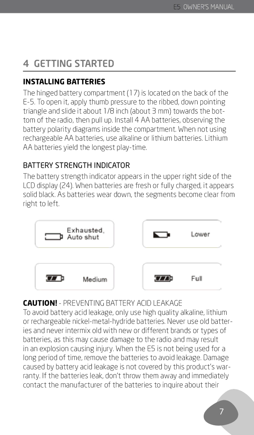 Eton E5 owner manual Getting Started, Installing Batteries, Battery Strength Indicator 