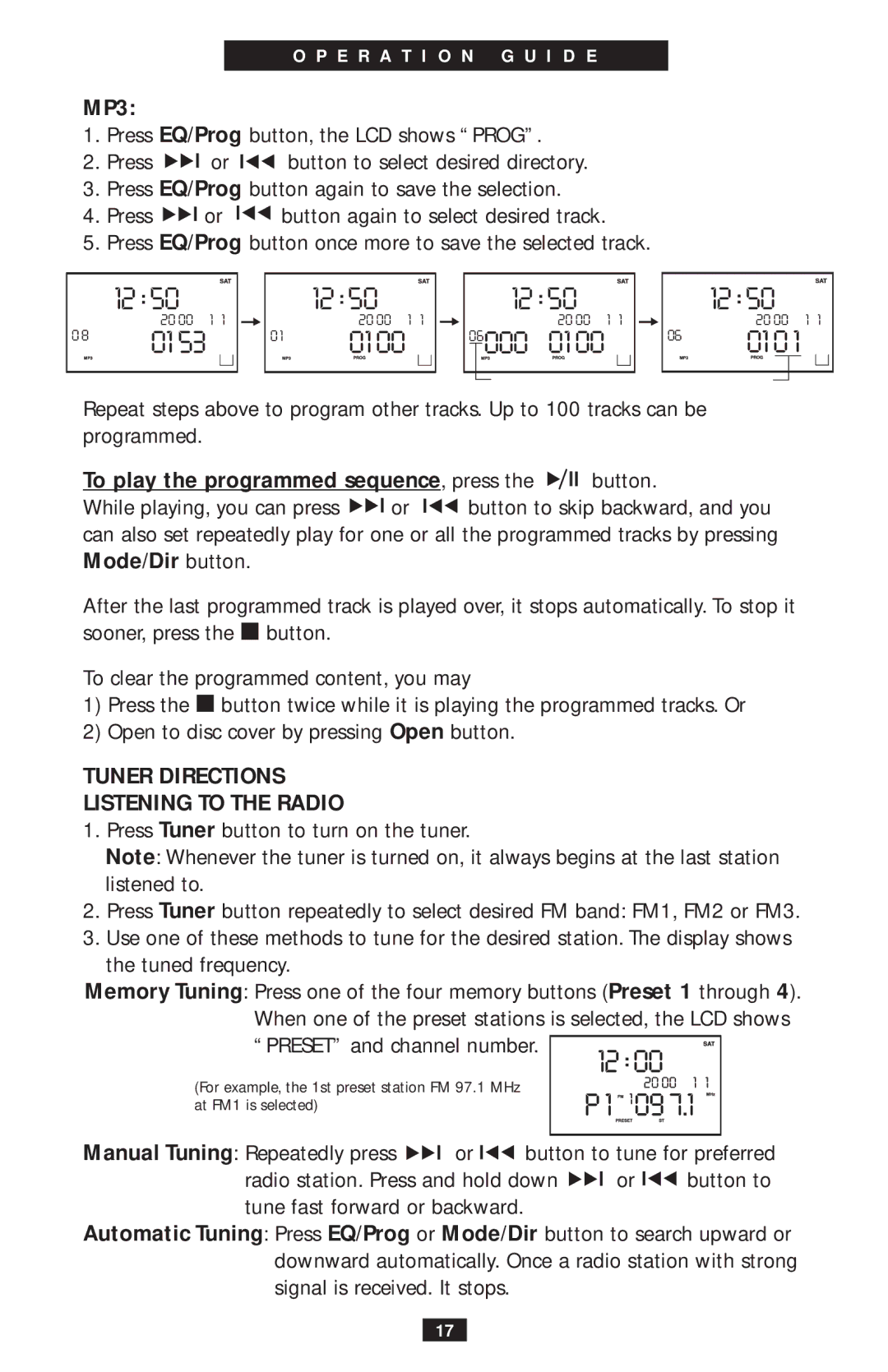 Eton ego4000 operation manual MP3, Tuner Directions Listening to the Radio 