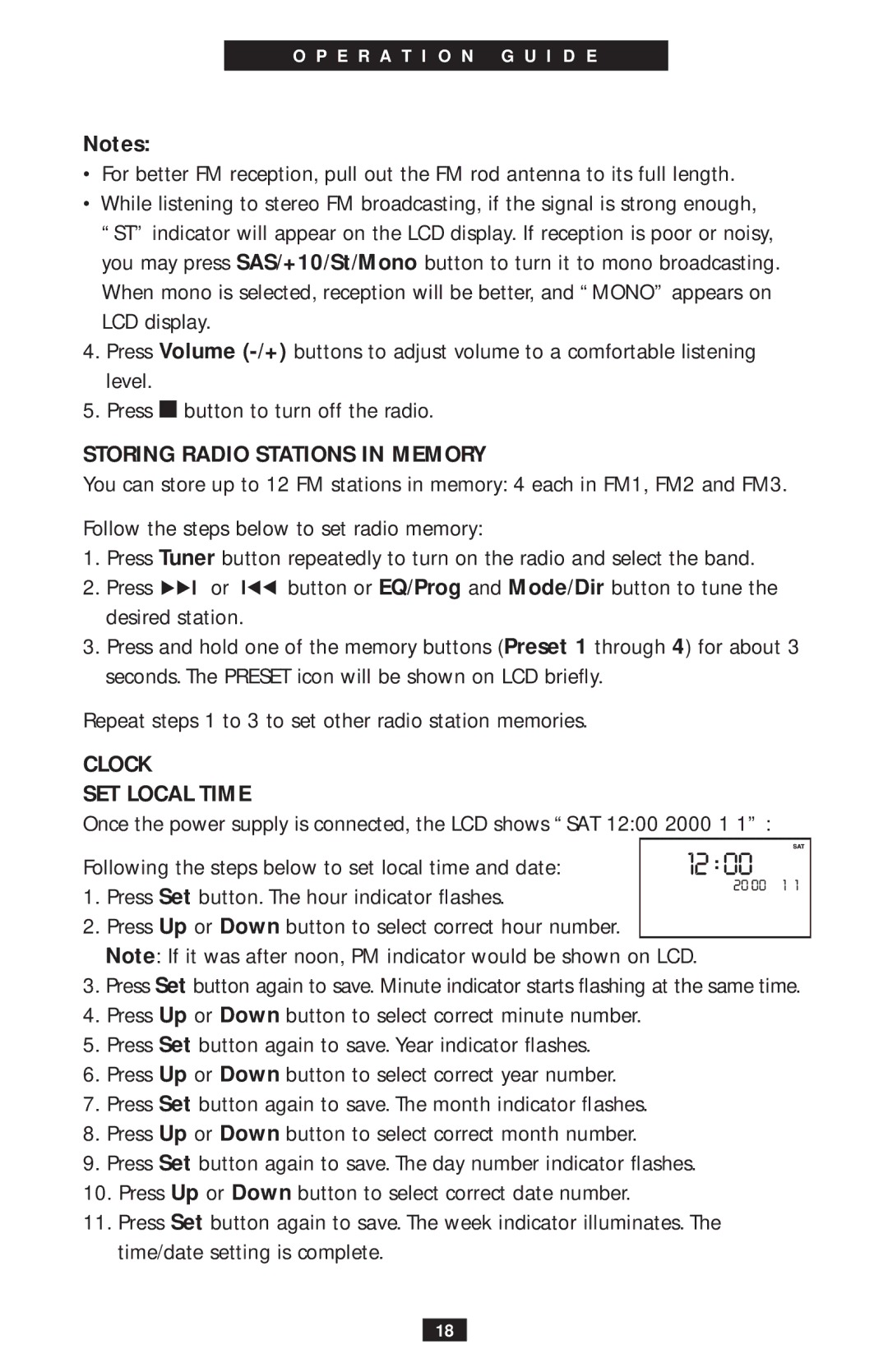 Eton ego4000 operation manual Storing Radio Stations in Memory, Clock SET Local Time 