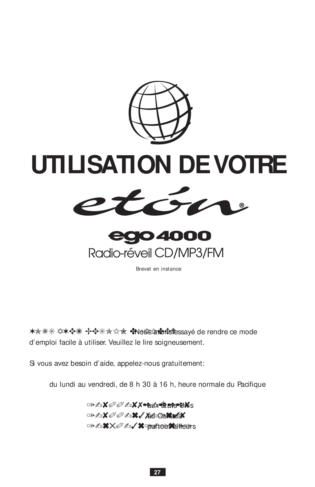 Eton ego4000 operation manual Utilisation DE Votre, Aux États-Unis1-800-637-1648 au Canada 