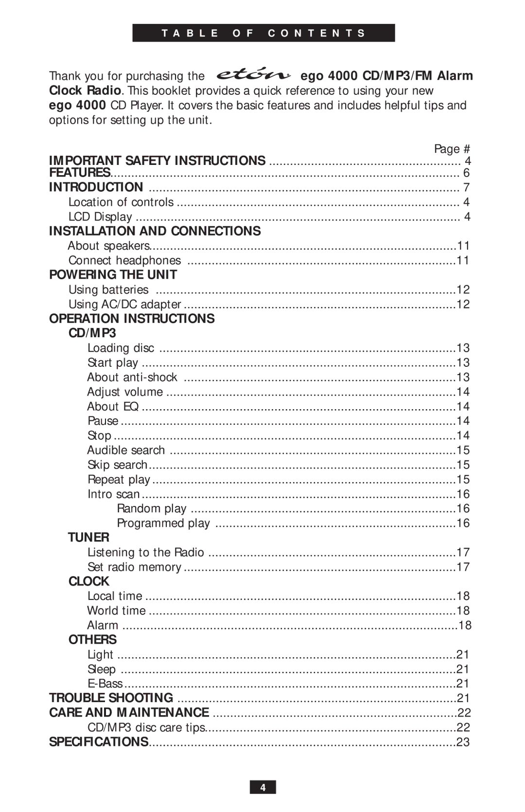Eton ego4000 operation manual Powering the Unit, Operation Instructions CD/MP3, Tuner, Clock, Others 