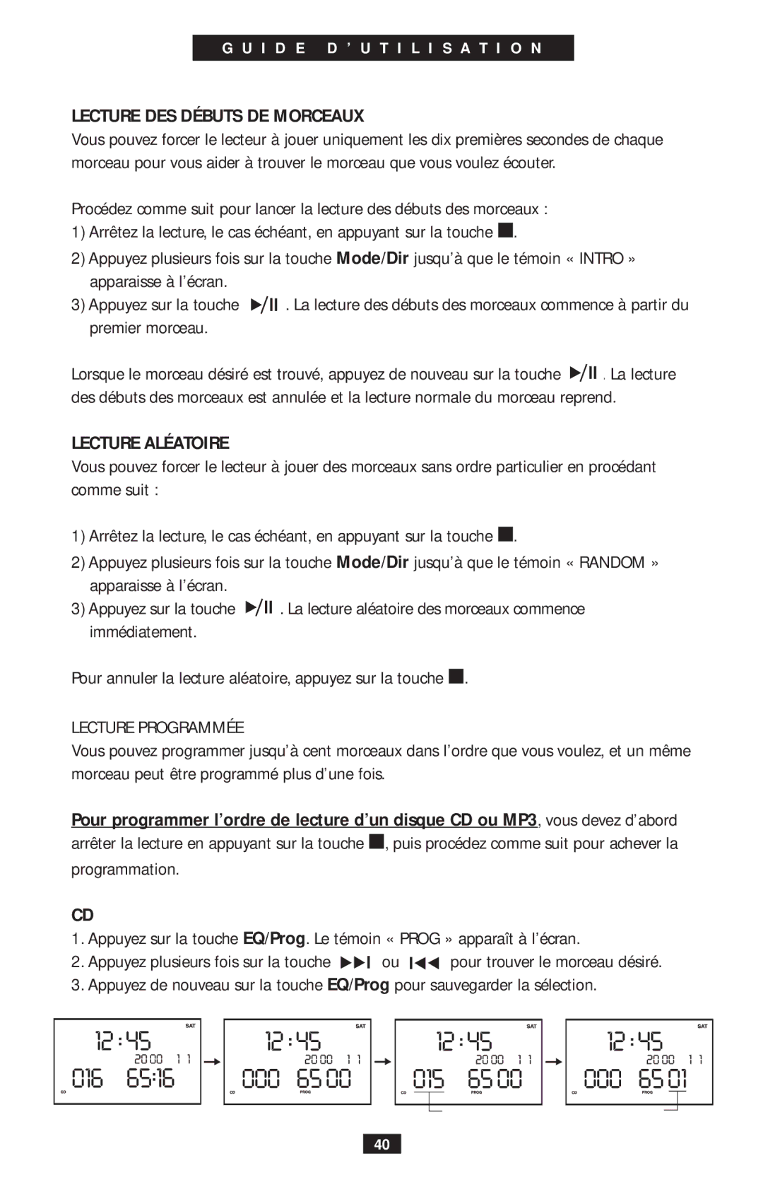 Eton ego4000 operation manual Lecture DES Débuts DE Morceaux, Lecture Aléatoire 