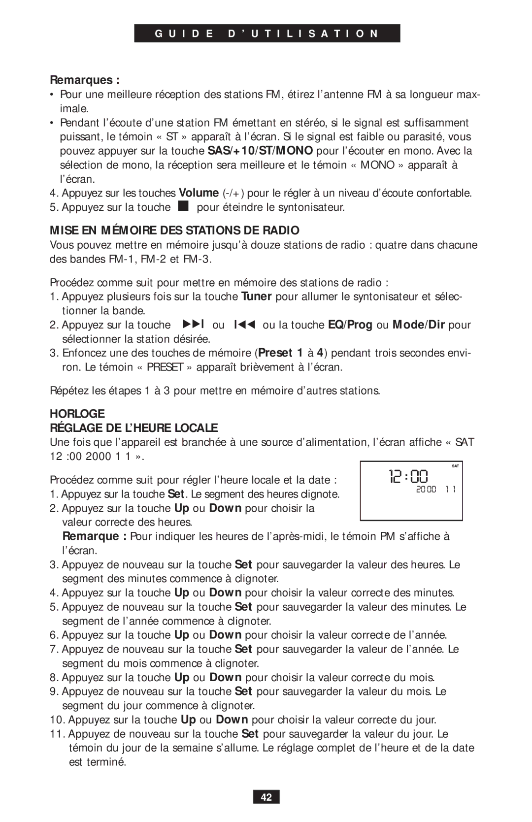 Eton ego4000 operation manual Remarques, Mise EN Mémoire DES Stations DE Radio, Horloge Réglage DE L’HEURE Locale 