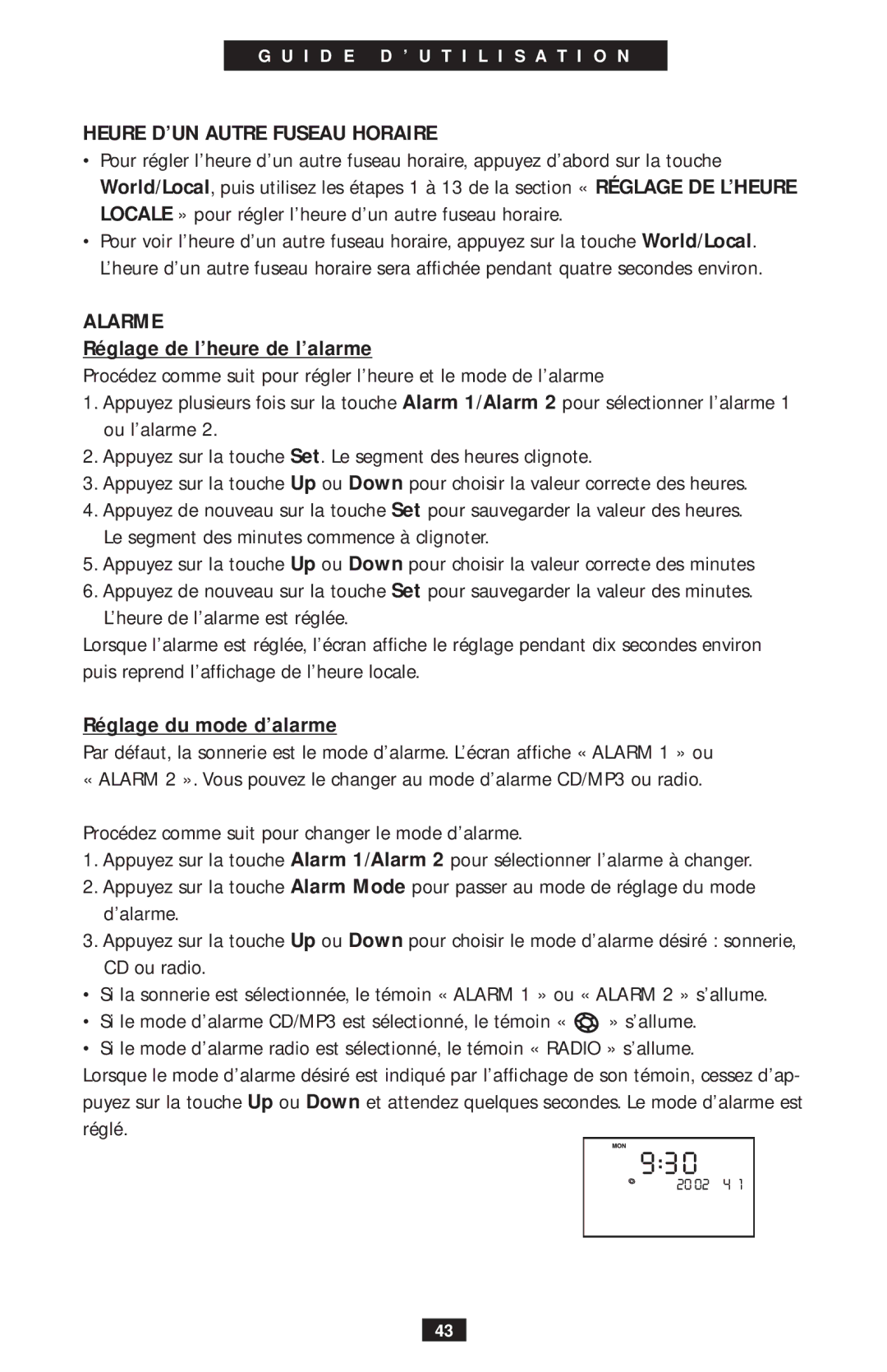 Eton ego4000 Heure D’UN Autre Fuseau Horaire, Alarme, Réglage de l’heure de l’alarme, Réglage du mode d’alarme 