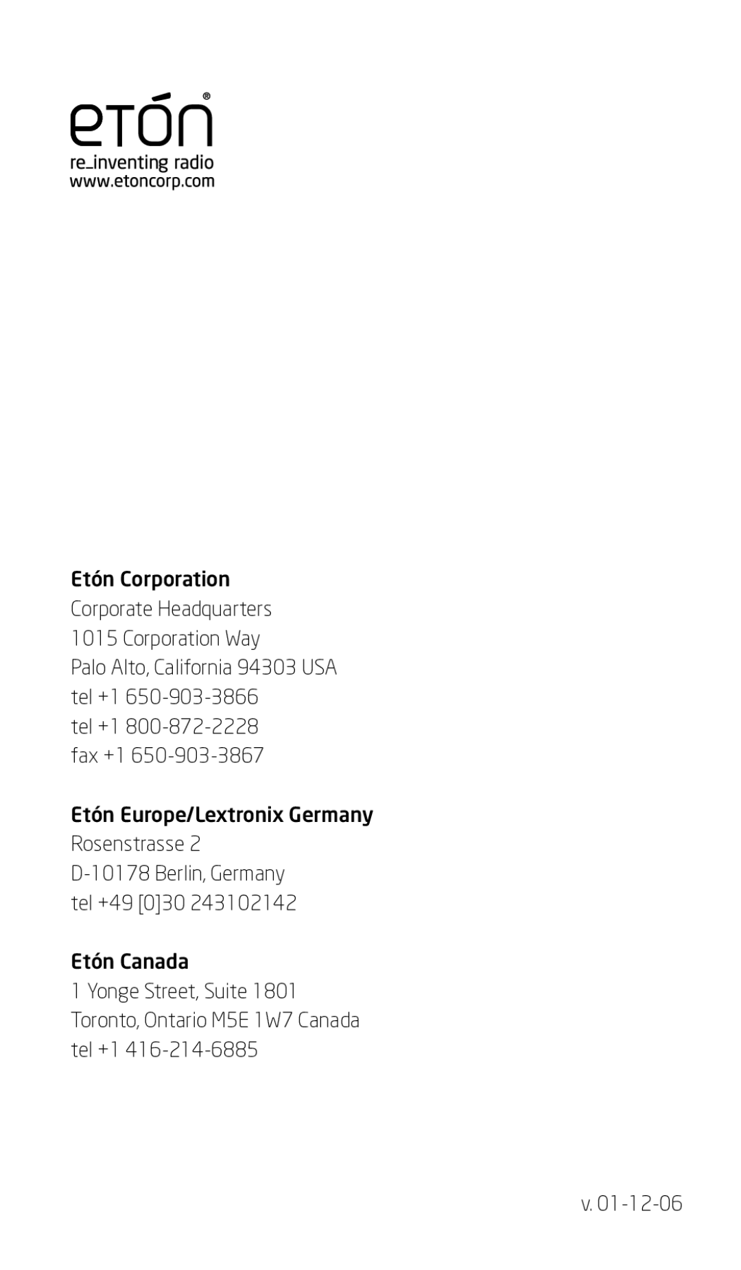 Eton ES50 owner manual Etón Corporation Corporate Headquarters 1015 Corporation Way 