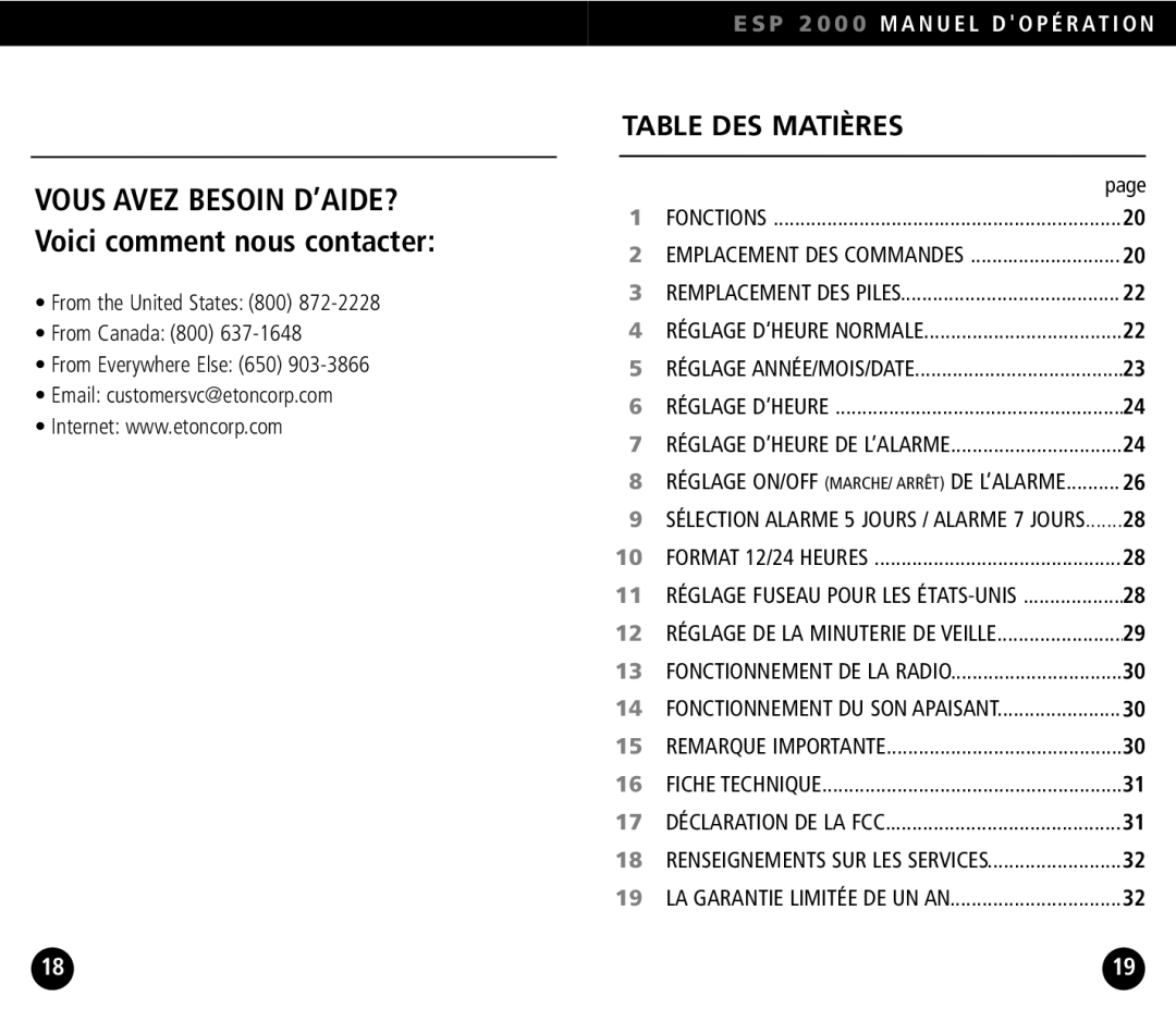 Eton ESP2000 operation manual Table DES Matières 