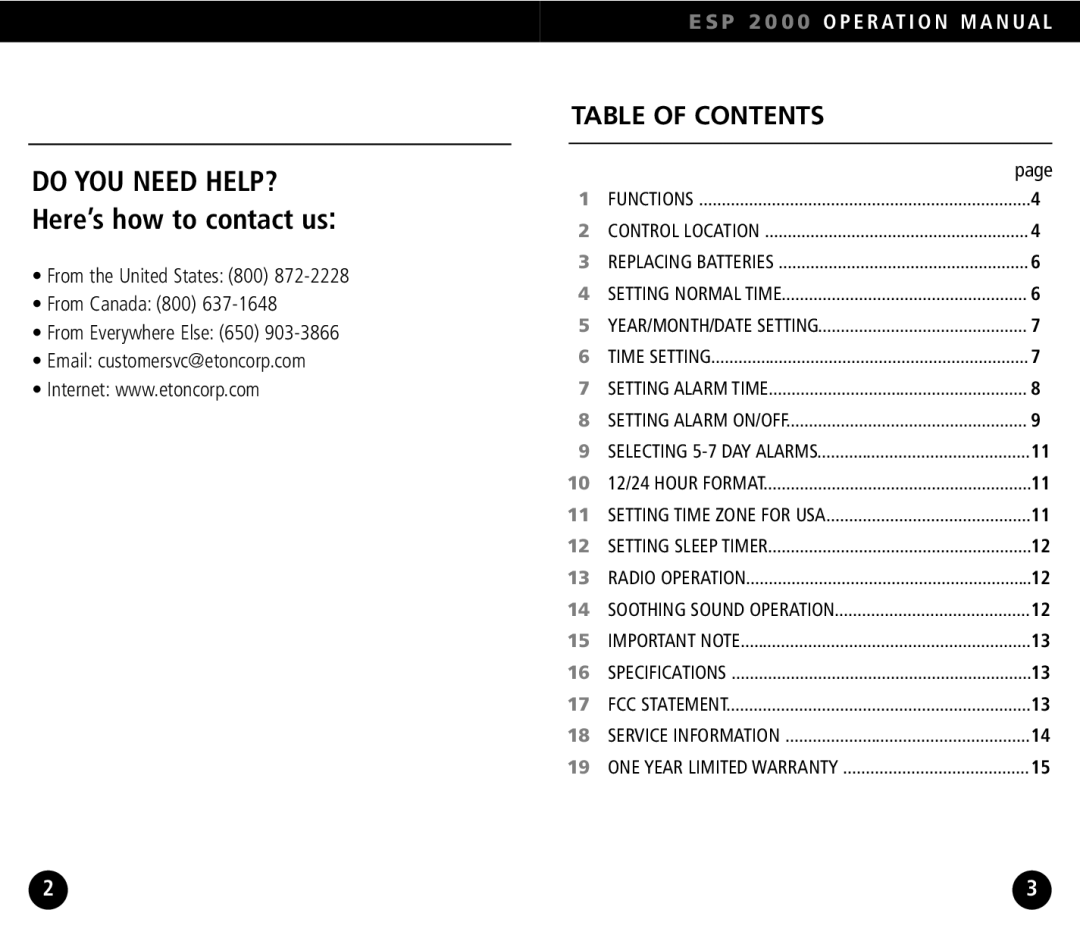 Eton ESP2000 operation manual Table of Contents 