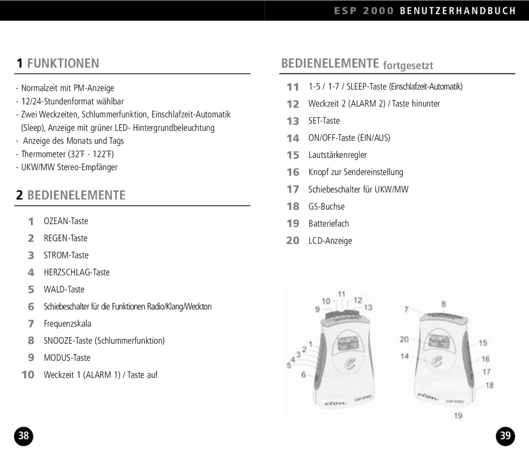 Eton ESP2000 operation manual Funktionen, Bedienelemente fortgesetzt 