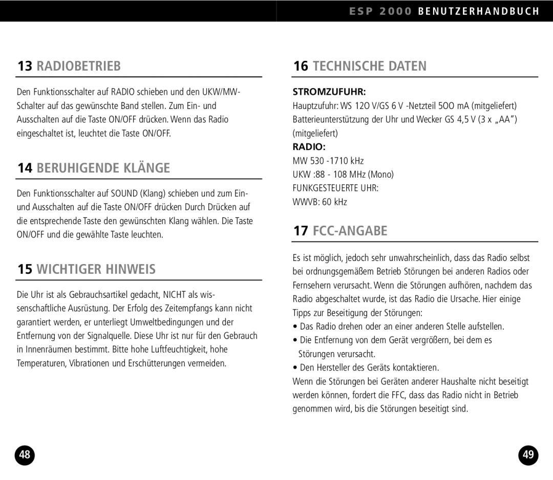 Eton ESP2000 operation manual Radiobetrieb, Beruhigende Klänge, Wichtiger Hinweis, Technische Daten, Fcc-Angabe 