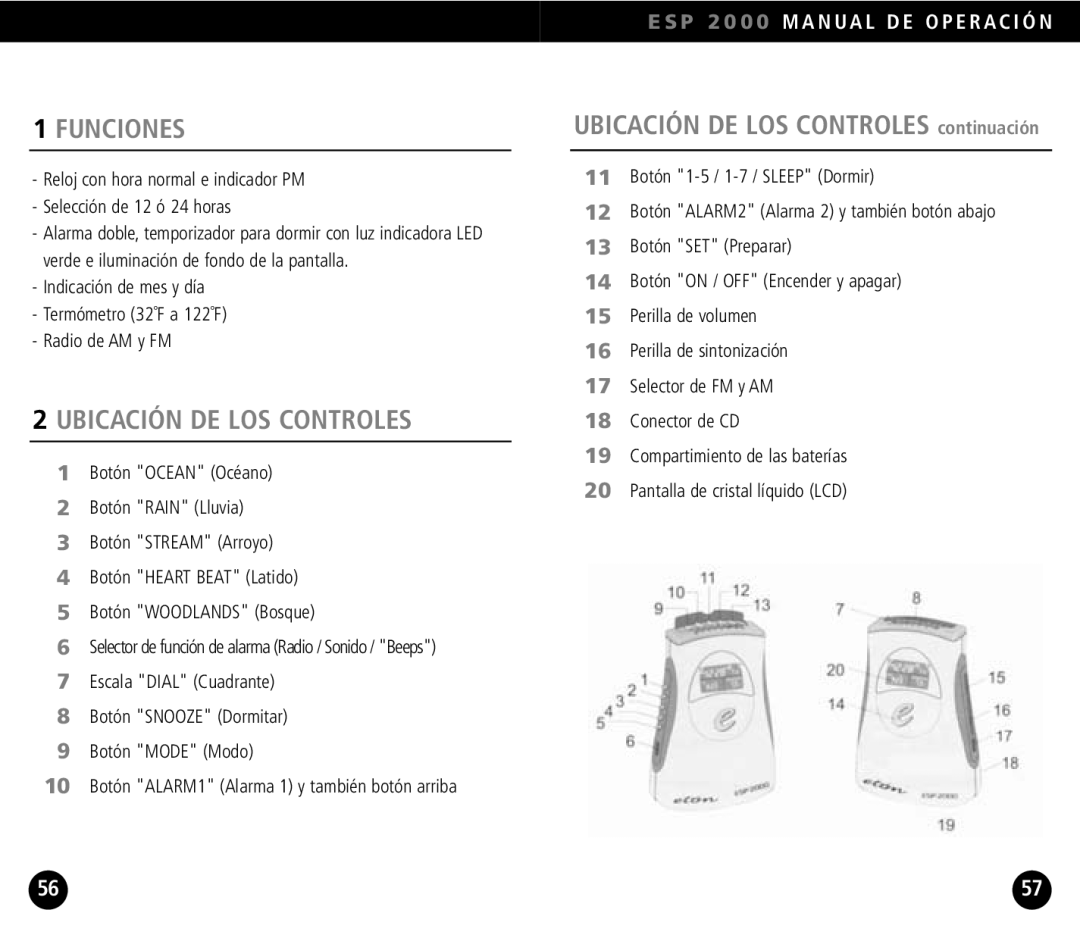 Eton ESP2000 operation manual Funciones, Ubicación DE LOS Controles 