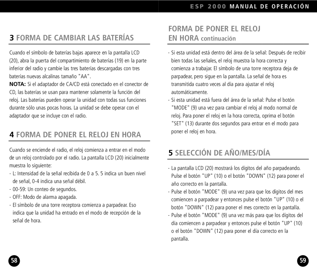 Eton ESP2000 operation manual Forma DE Cambiar LAS Baterías, Forma DE Poner EL Reloj EN Hora, Selección DE AÑO/MES/DÍA 