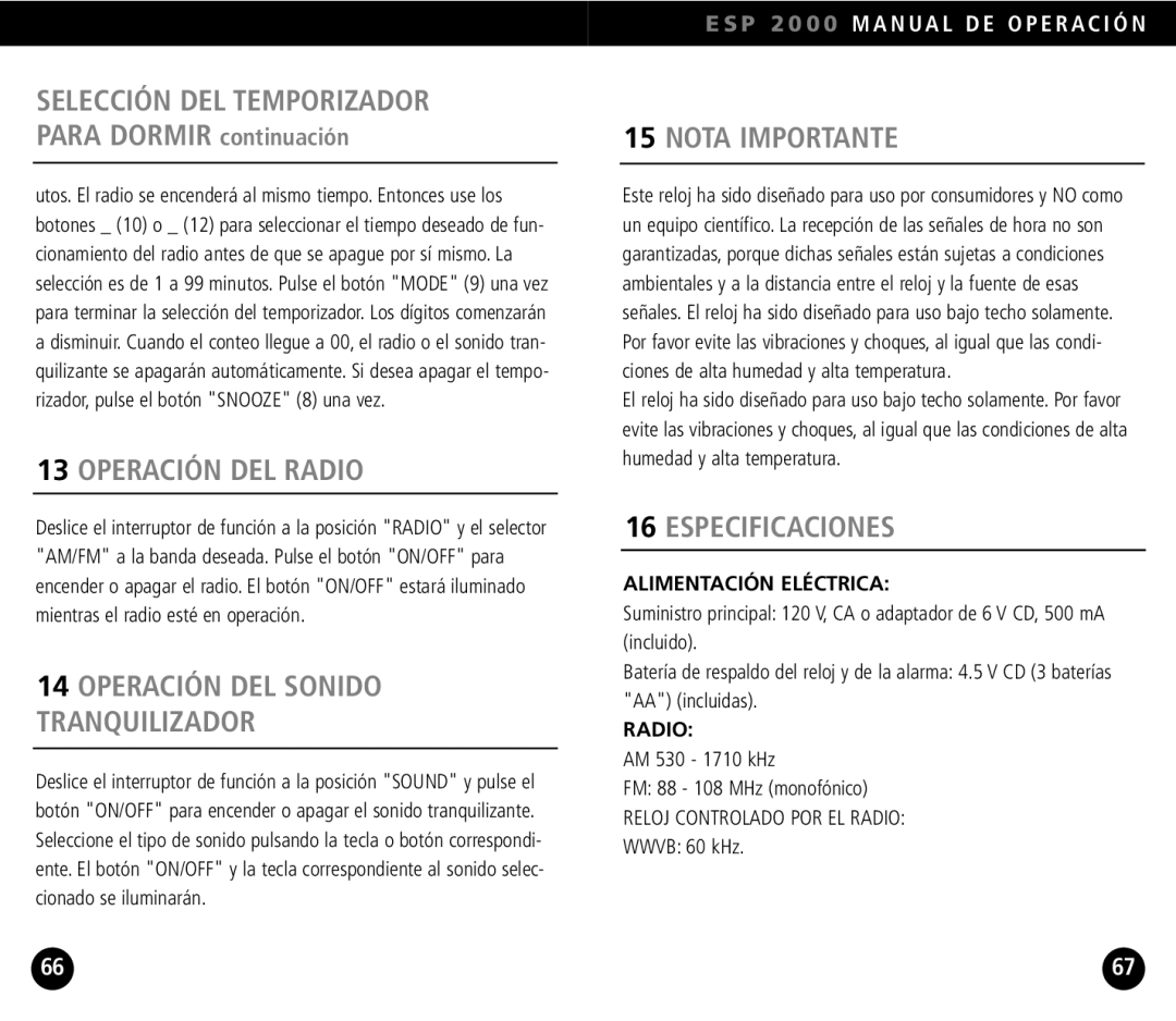 Eton ESP2000 operation manual Operación DEL Radio, Operación DEL Sonido Tranquilizador, Nota Importante, Especificaciones 