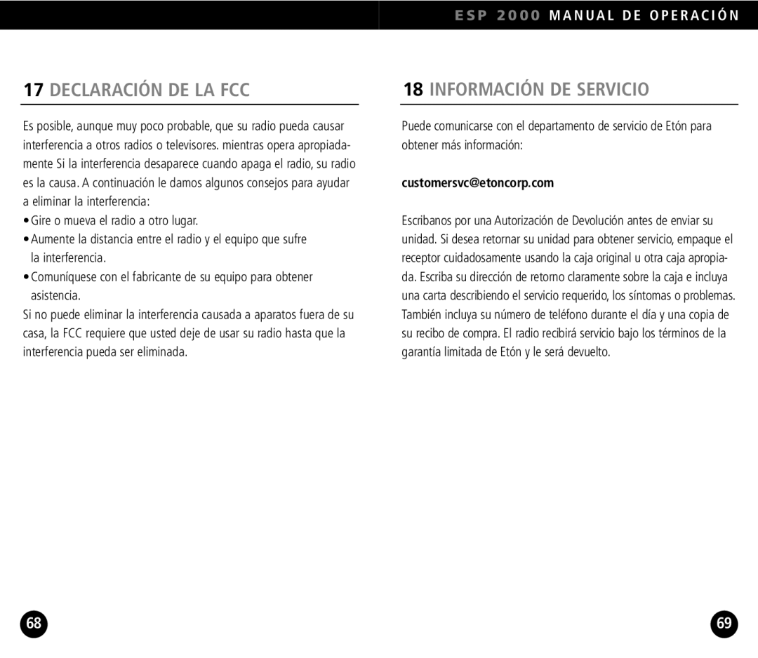 Eton ESP2000 operation manual Declaración DE LA FCC, Información DE Servicio 