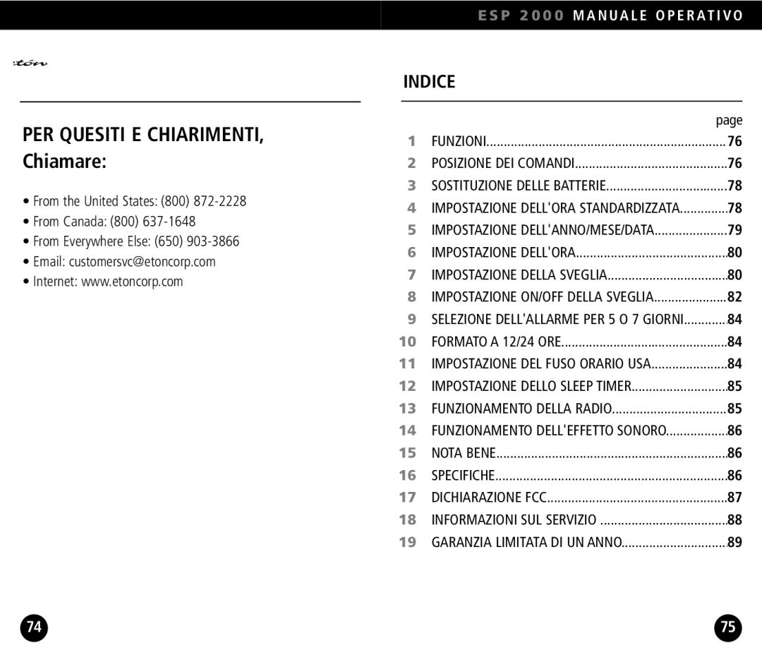 Eton ESP2000 operation manual PER Quesiti E CHIARIMENTI, Chiamare 