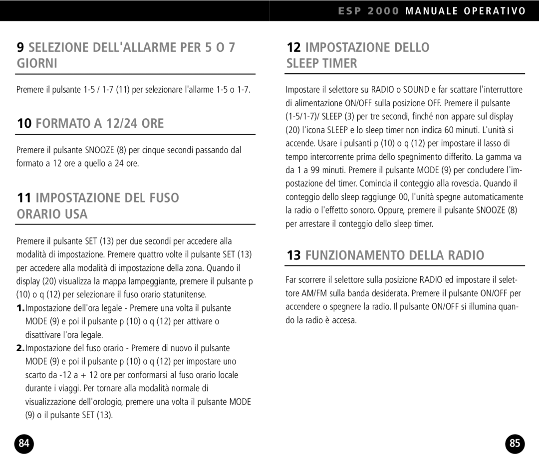 Eton ESP2000 operation manual Selezione Dellallarme PER 5 O 7 Giorni, Formato a 12/24 ORE, Impostazione DEL Fuso Orario USA 