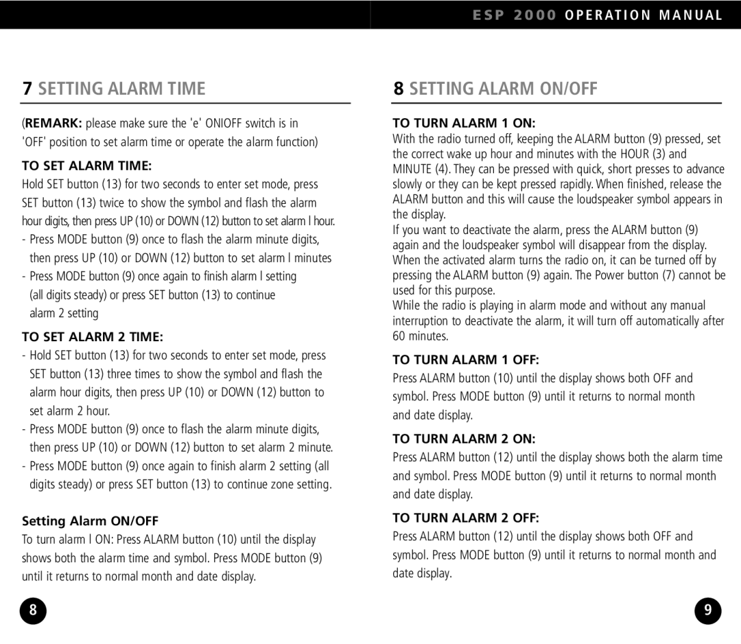 Eton ESP2000 operation manual Setting Alarm Time, Setting Alarm ON/OFF 