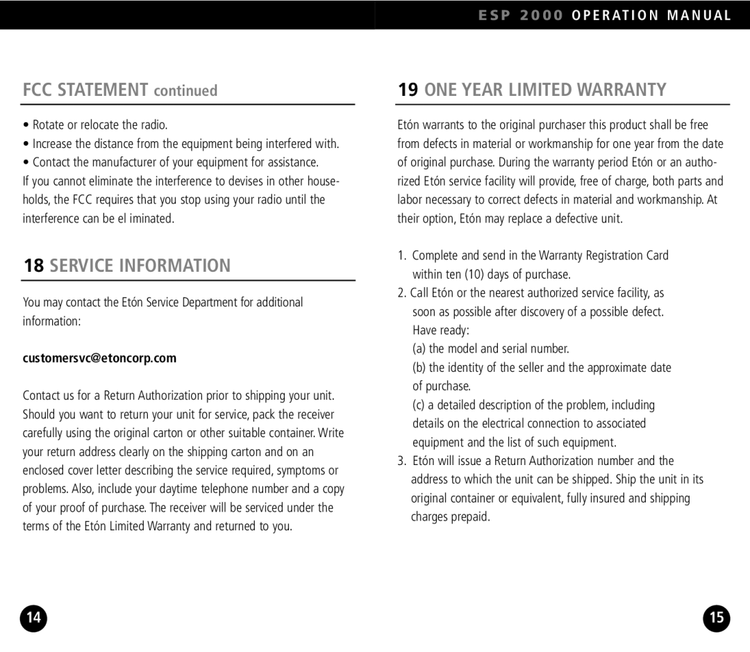 Eton ESP2000 operation manual FCC Statement, Service Information, ONE Year Limited Warranty 