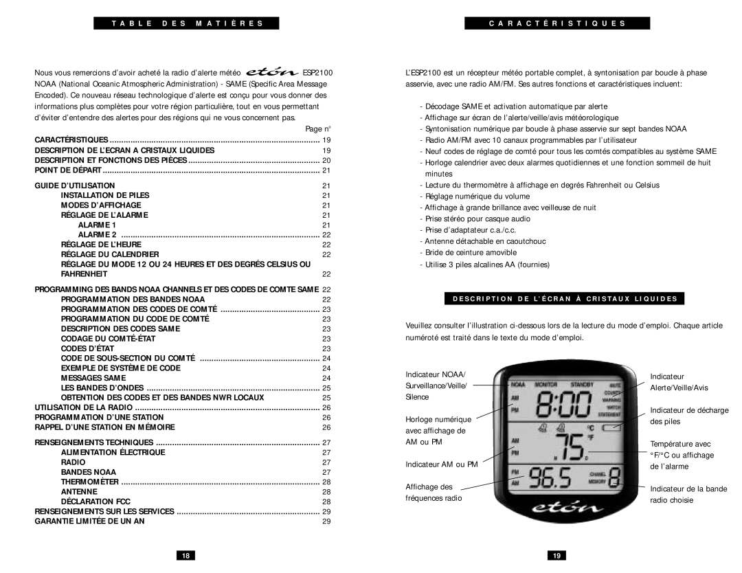 Eton ESP2100 Description DE L’ECRAN a Cristaux Liquides, Réglage DE L’HEURE Réglage DU Calendrier, Fahrenheit 