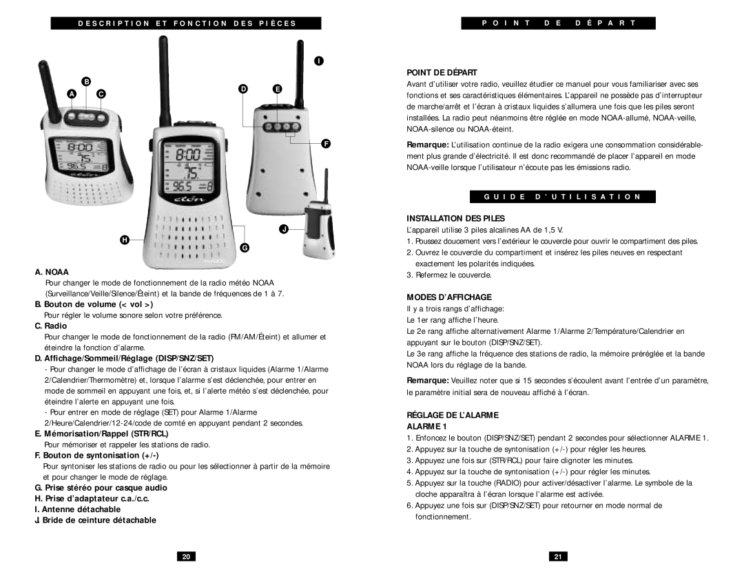 Eton ESP2100 operation manual Noaa, Point DE Départ, Installation DES Piles, Réglage DE L’ALARME Alarme 